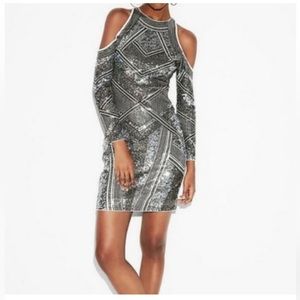 Express long sleeve cold shoulder sequin mini dress, size M